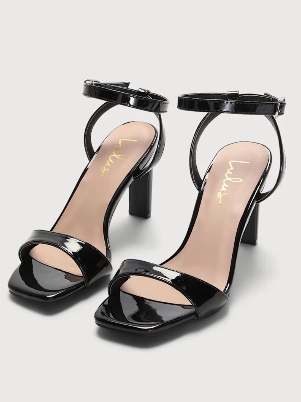 Lulu's Glossy Black Patent Ankle-Strap Block Heels